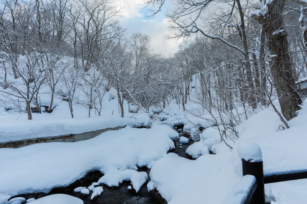 雪に覆われた川とその周辺の風景、山間の温泉宿が静かに佇んでいます。木々も雪をかぶり、冬の日本の自然の静けさを感じさせる景色。