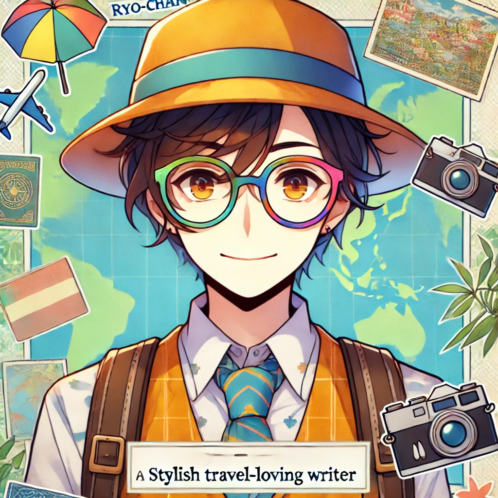 旅行好きのプロライター、りょうちゃんが笑顔でポーズをとっています。カラフルなメガネとお洒落な帽子が特徴的で、バックには旅行アイテムが散りばめられ、冒険心と親しみやすさが感じられるデザインです。