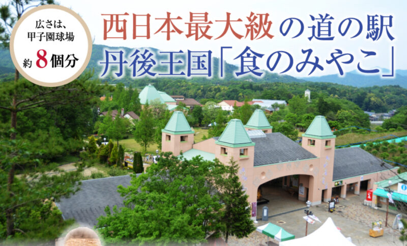 西日本最大級の道の駅「丹後王国『食のみやこ』」。緑に囲まれた広大な施設の全景とアーチ状態のエントランス。