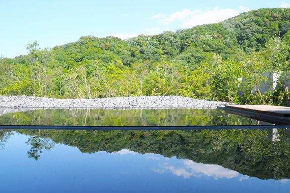空と森が映る本草湯の水鏡