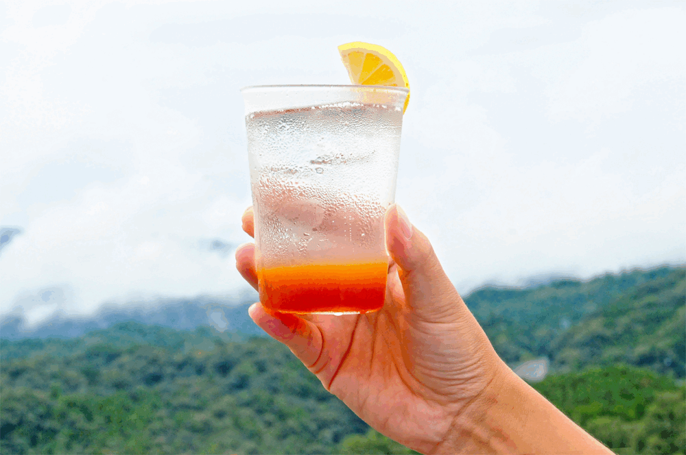 みりんと薬草のクラフトコーラ(レモン添え) レモンを添えたクラフトコーラを片手に持って山を背景にした風景